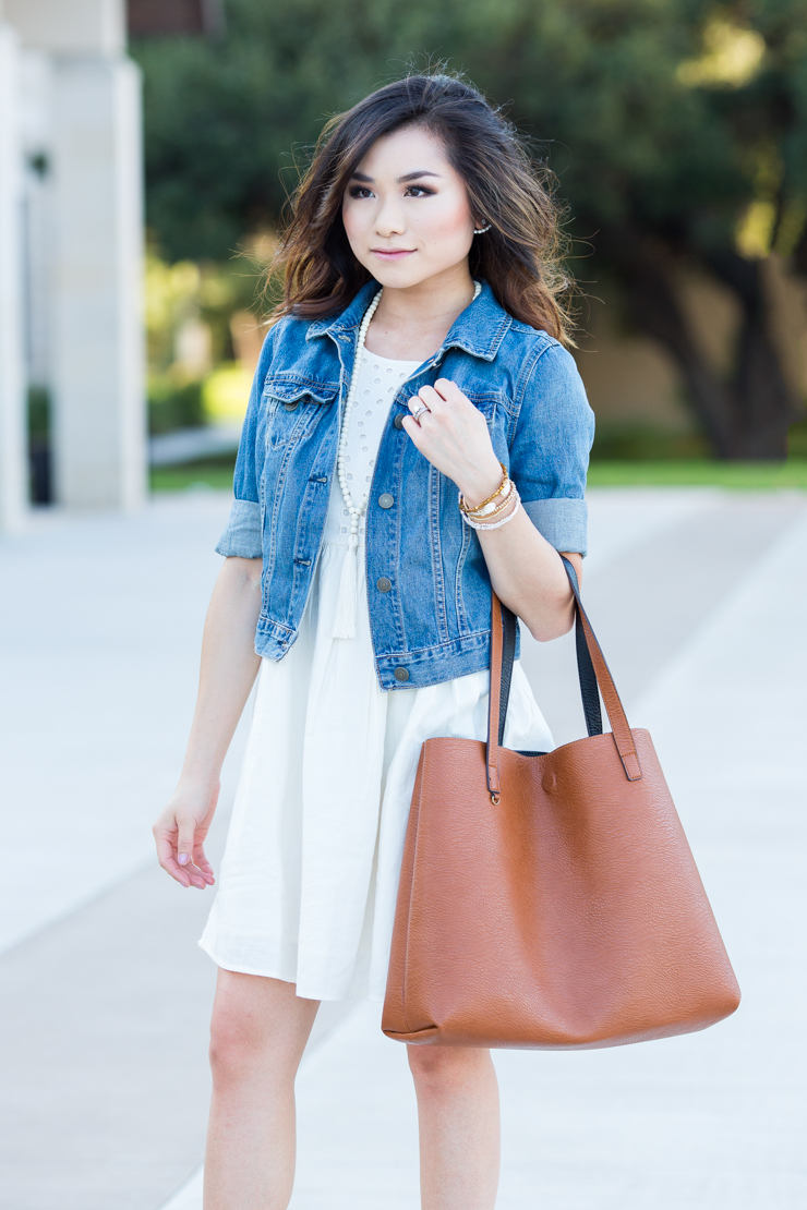 CREAM EYELET DRESS + DENIM JACKET - Miss Louie