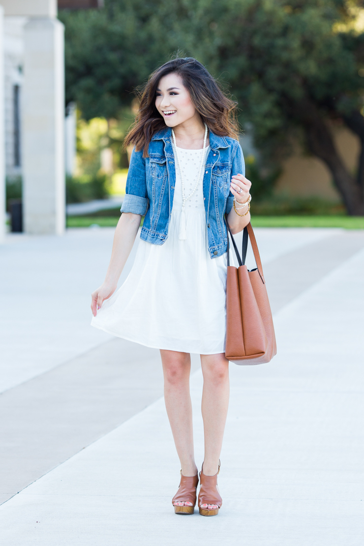 jean jacket and dress outfit